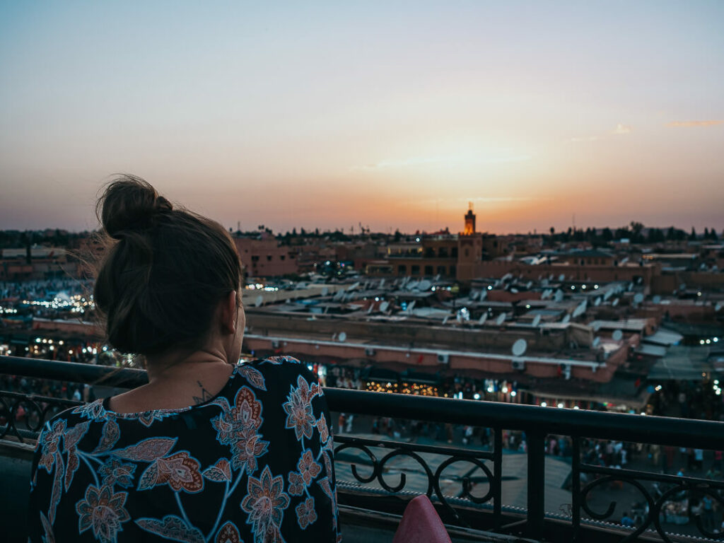 Marrakech sunset over Jemaa el-Fna square