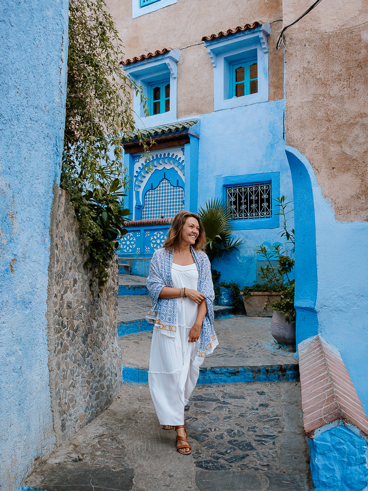 Lauren wandering the blue streets of Chefchaouen