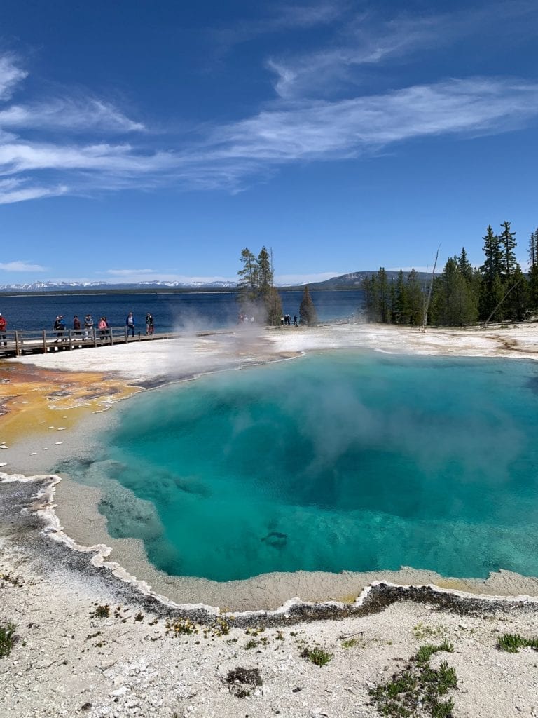 geyser pool and Yellowstone lake in Yellowstone National Park