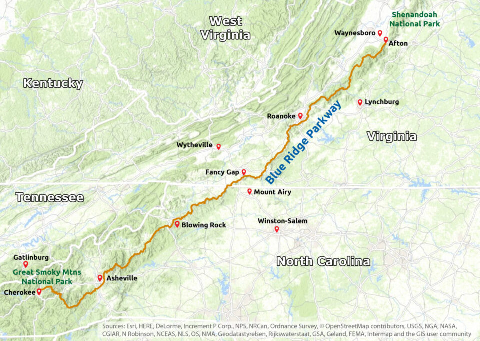 Blue Ridge Parkway Map from https://www.blueridgeparkway.org/