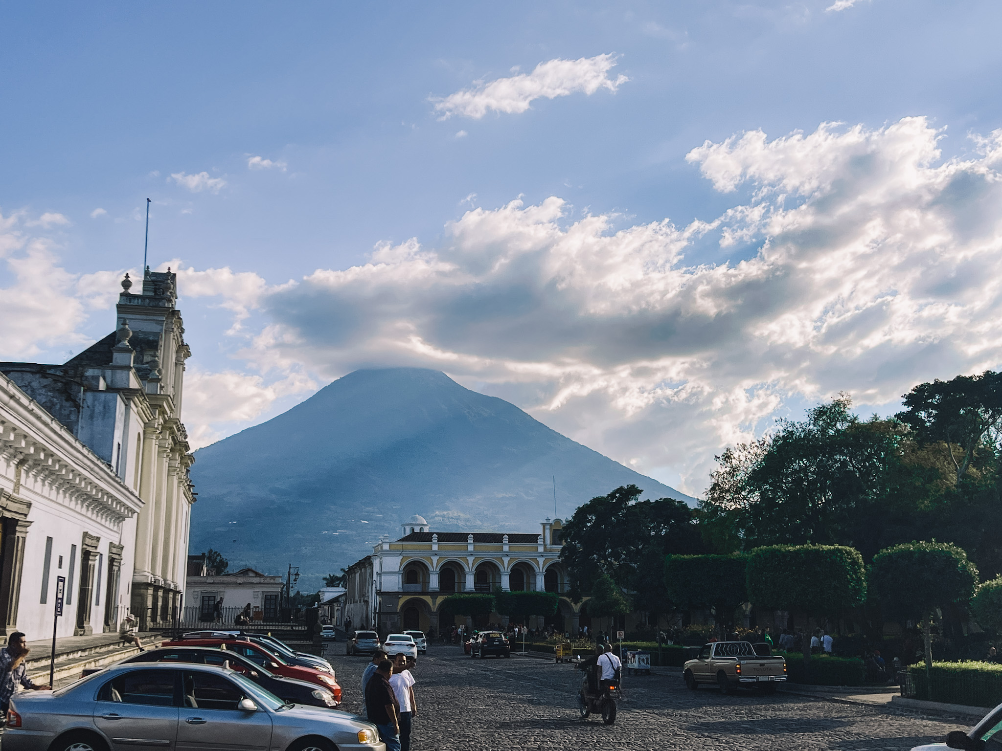 Antigua, Guatemala views of Parque Central and Volcan De Aqua