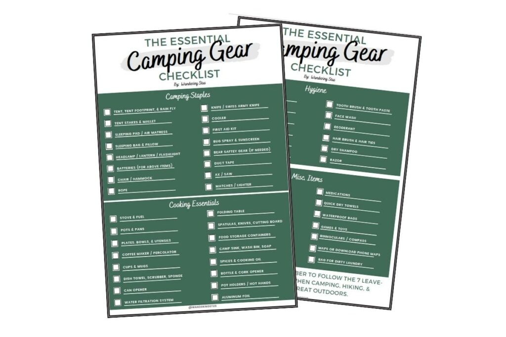 Free downloadable camping gear checklist